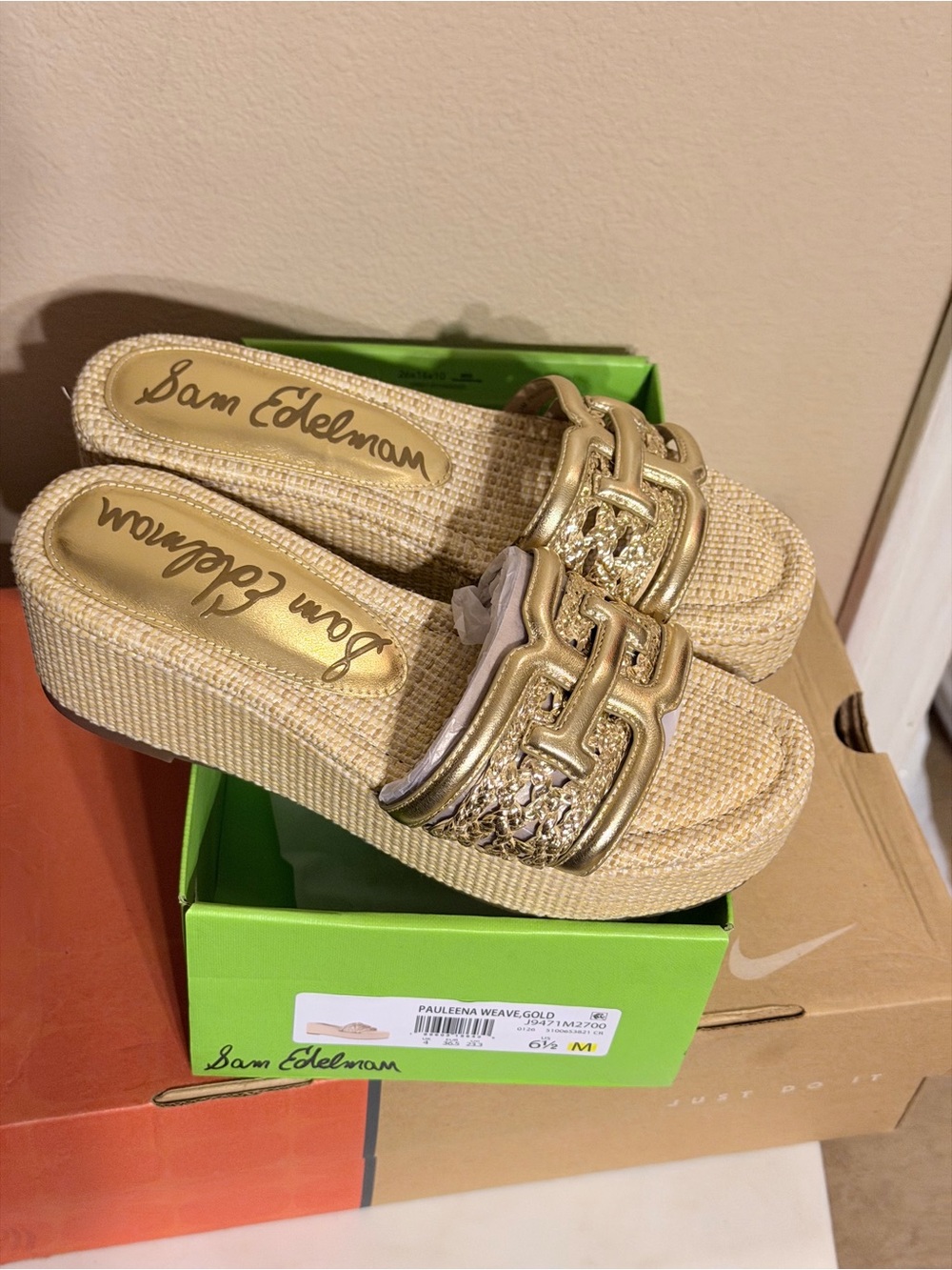 Sam Edelman Gold Woven Platform Slide Mules